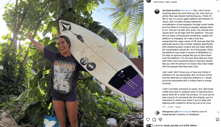 Moana Jones Wong's OnlyFans Move Sparks Controversy Among Surf Fans