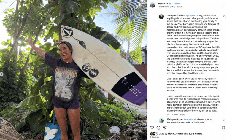 Moana Jones Wong's OnlyFans Move Sparks Controversy Among Surf Fans
